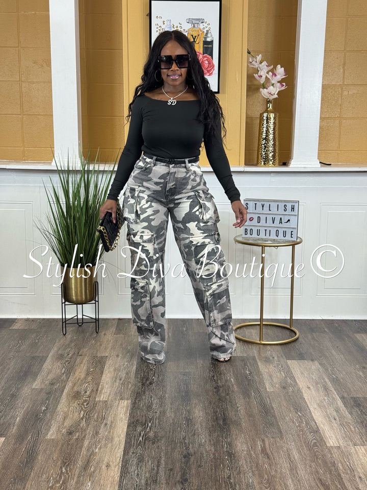 Grey Wash Camo Cargo Pants