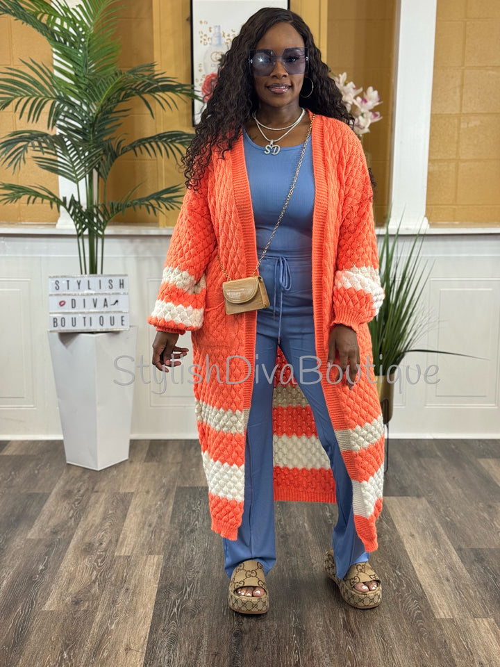 Sharlotte Colorblock Long Knit Cardigan (Bright Orange/Cream)