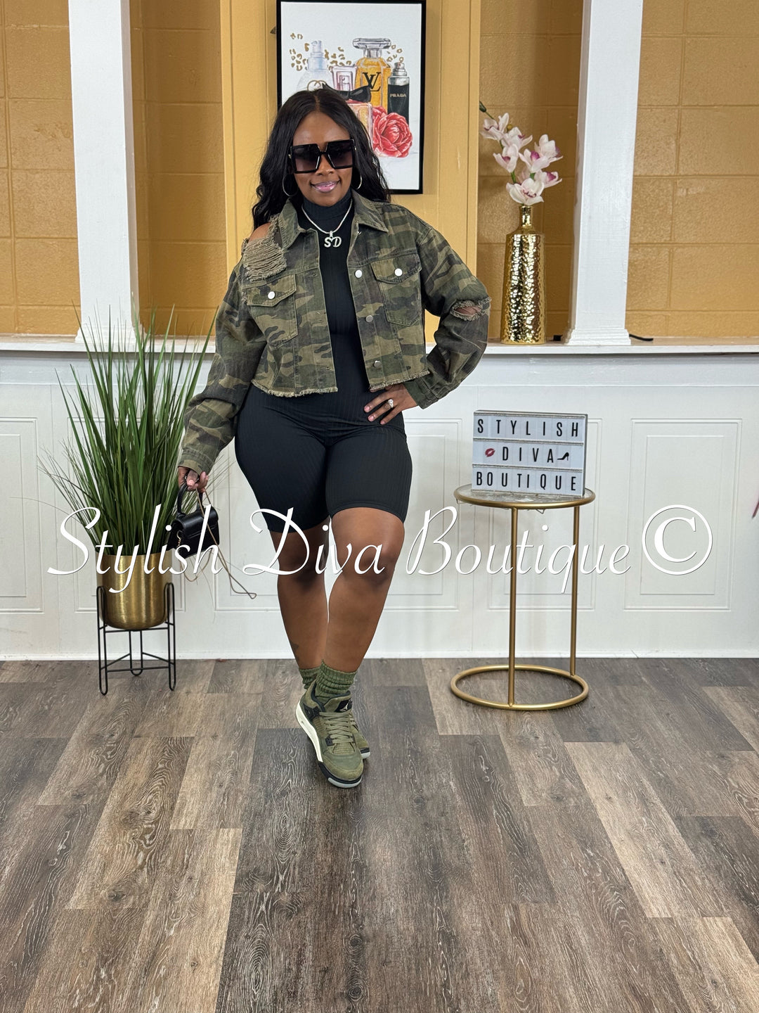 Destiny Distressed Cropped Denim Jacket (Camo Denim)