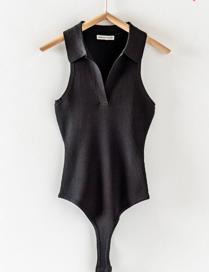 Angel Sleeveless Ribbed Bodysuit (Black)