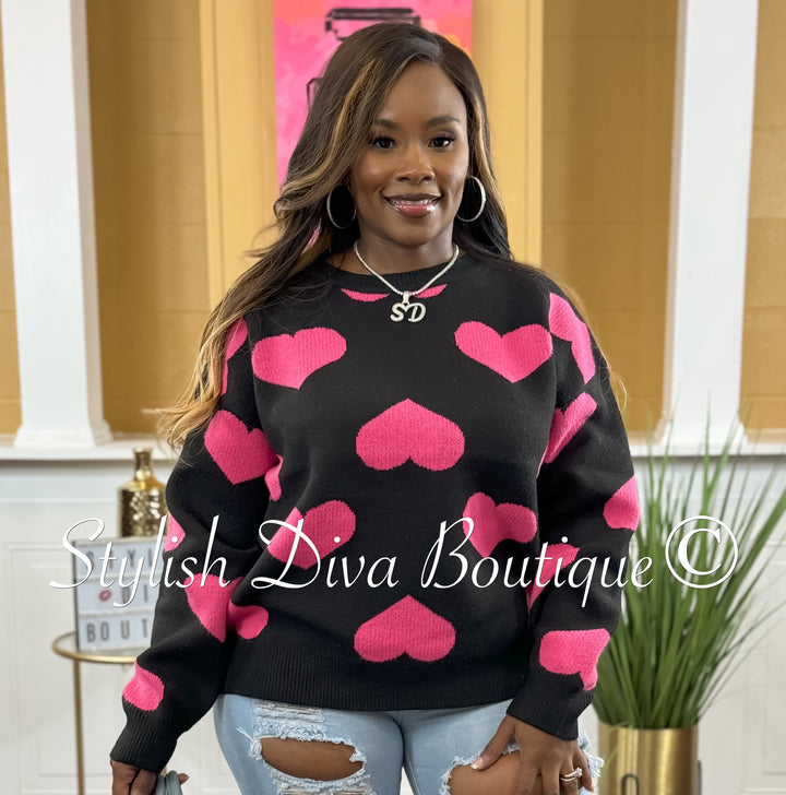 Naomi Heart Print Sweater (Black/Pink)