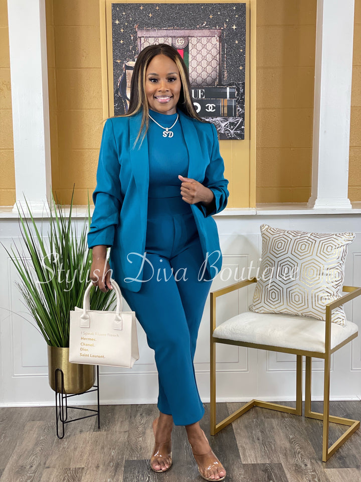 Back In Business Ruched Sleeve Blazer (Teal)