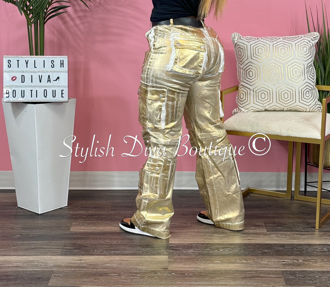 Gold Feelings Metallic Cargo Pants (White/Gold Foil)