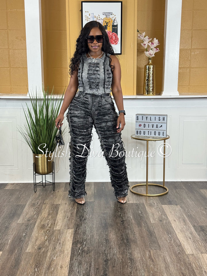 Jade Acid Wash Distressed Denim Top (Black)