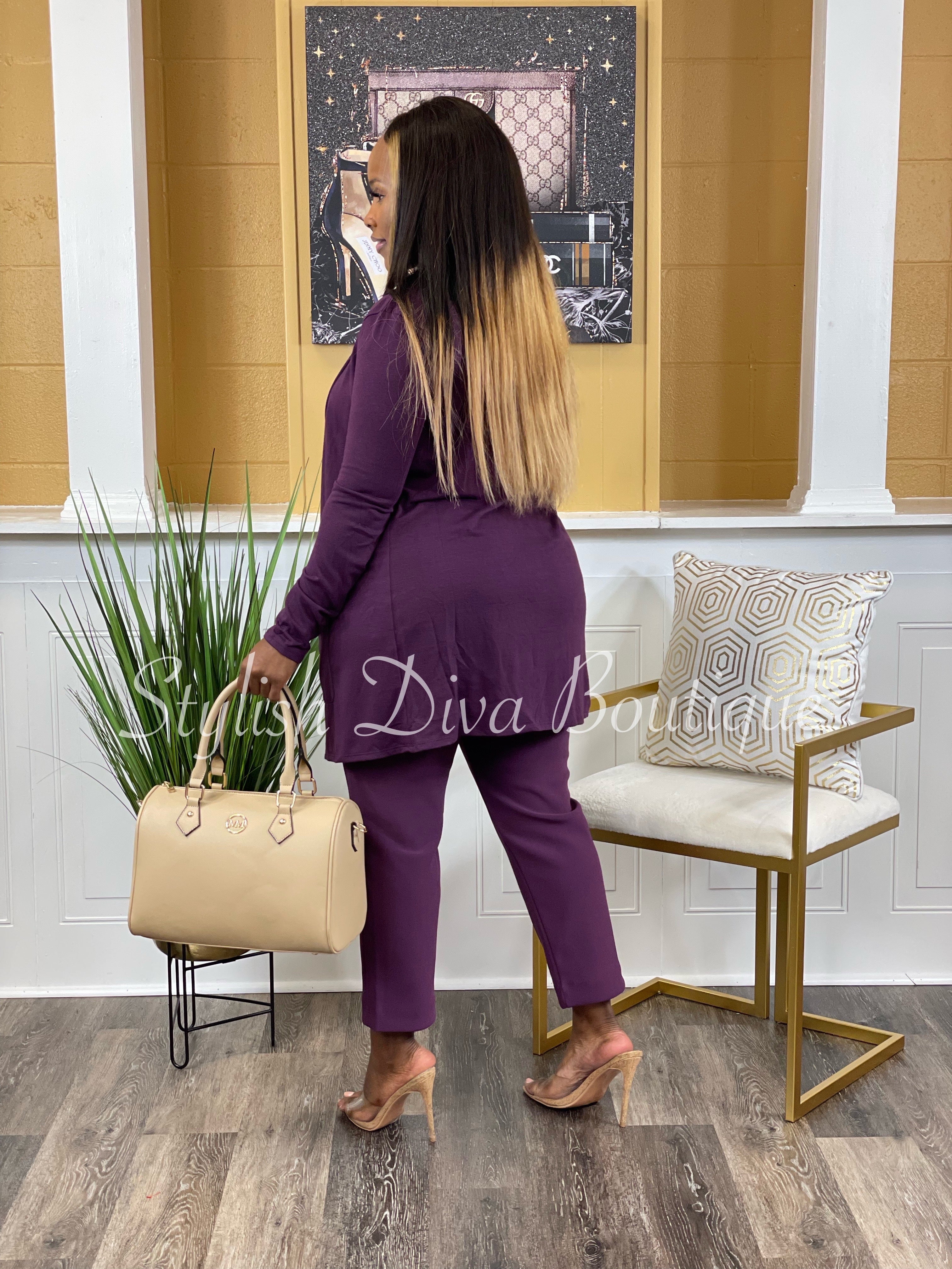 Business Inclusive 2pc Cardigan & Pants Set up to 3XL (Eggplant)