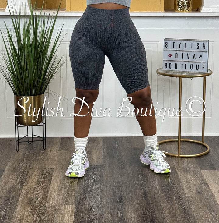 Seamless Ribbed High Waist Biker Shorts (Charcoal Grey)