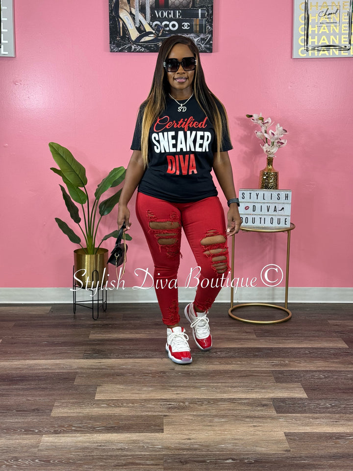 Certified Sneaker Diva T-Shirt (Black Shirt/Red & White Print)