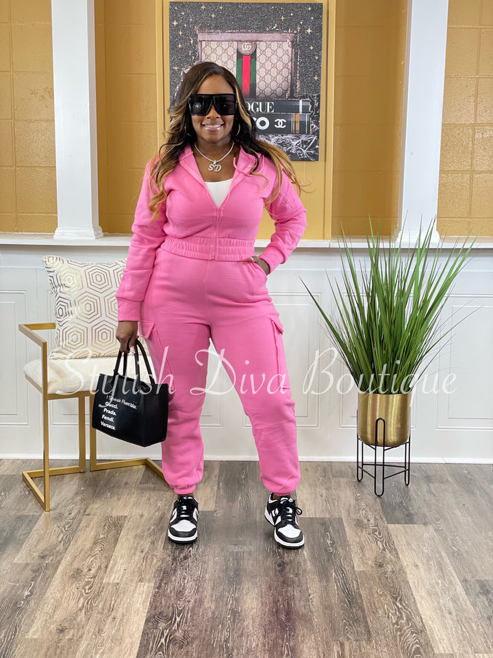 Gone Again 2pc Cropped Hoodie Jogger Set (Pink)