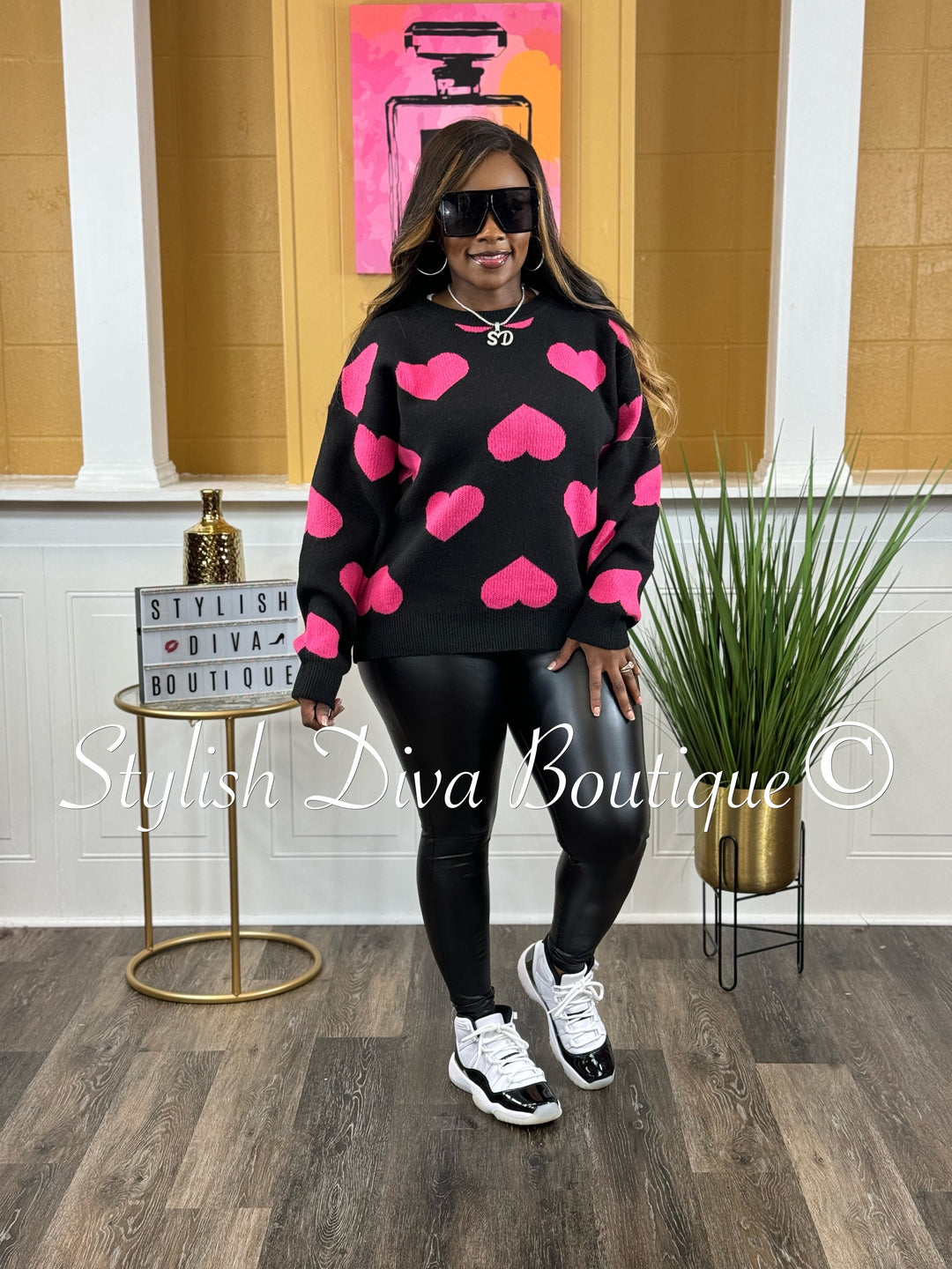 Naomi Heart Print Sweater (Black/Pink)