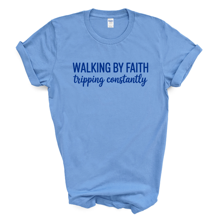 Walking By Faith Graphic Tee (Grey Shirt/Royal Blue Print)