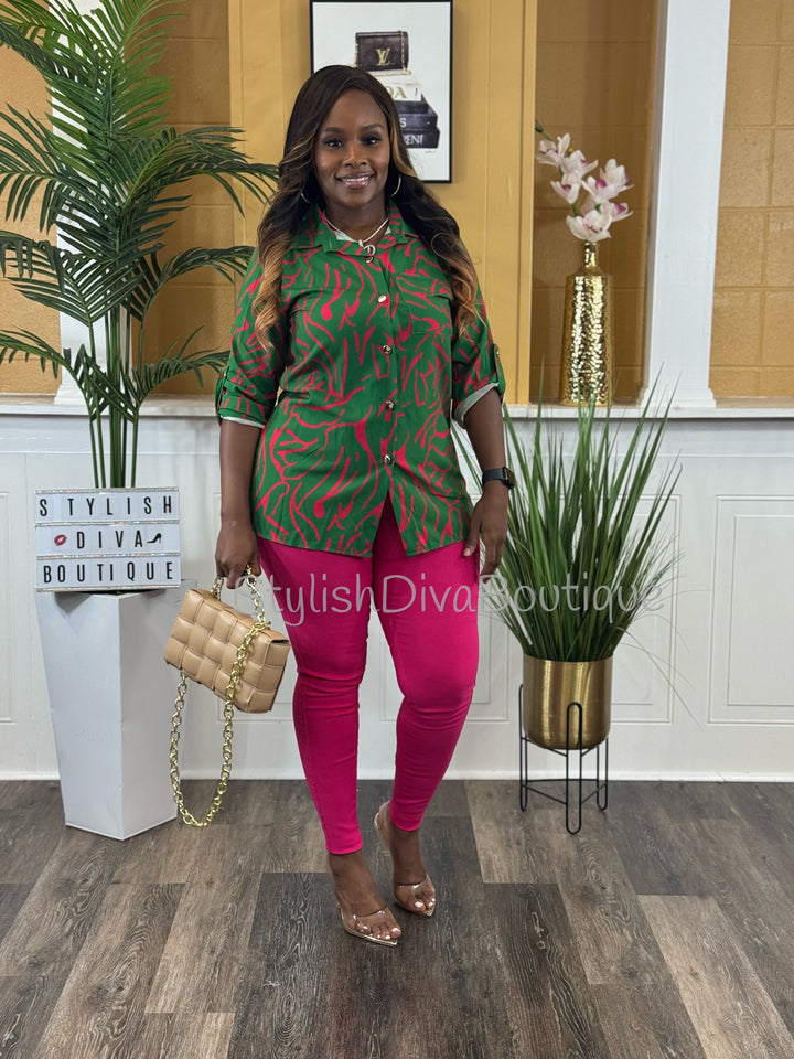 Zarbella Abstract Print Shirt (Green/Pink)