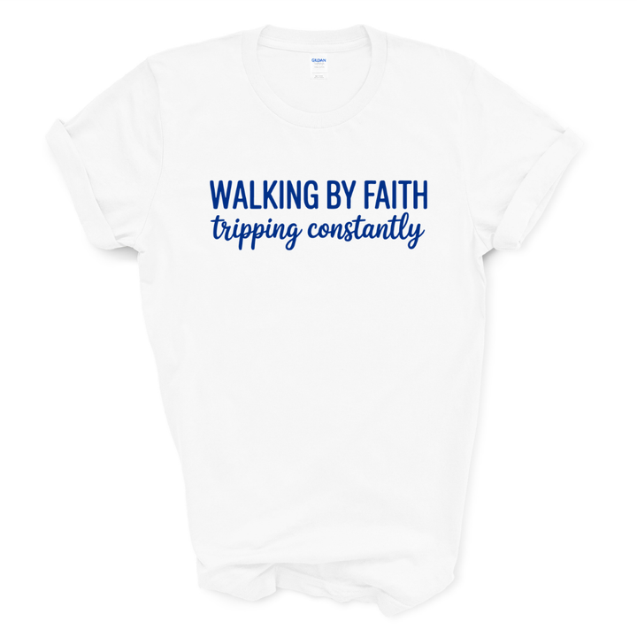 Walking By Faith Graphic Tee (Grey Shirt/Royal Blue Print)