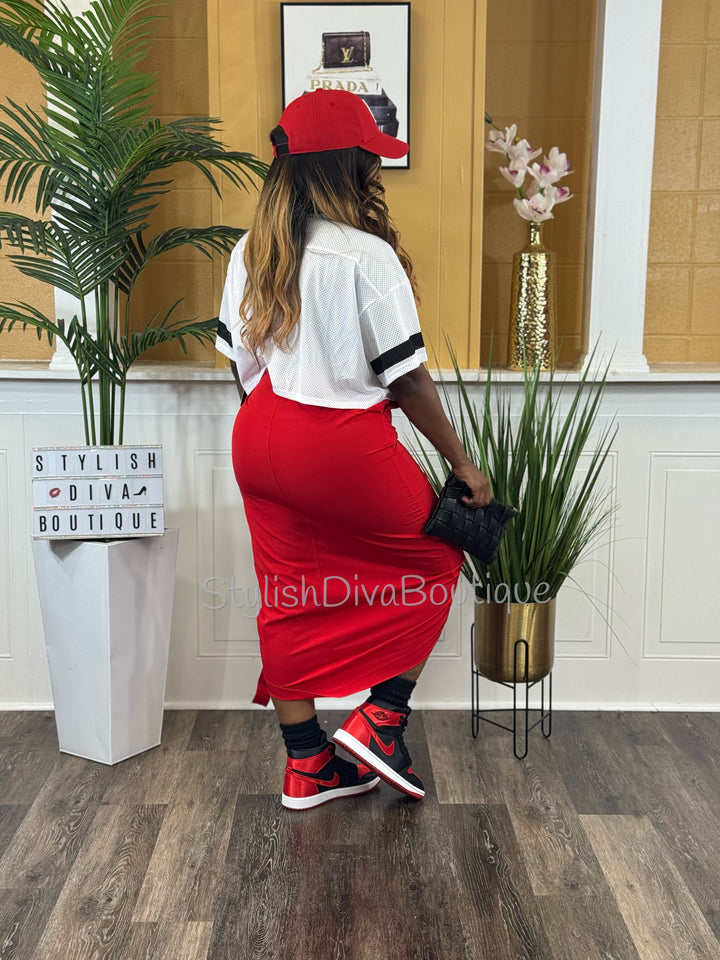Center Stage Nylon Cargo Skirt (Red)