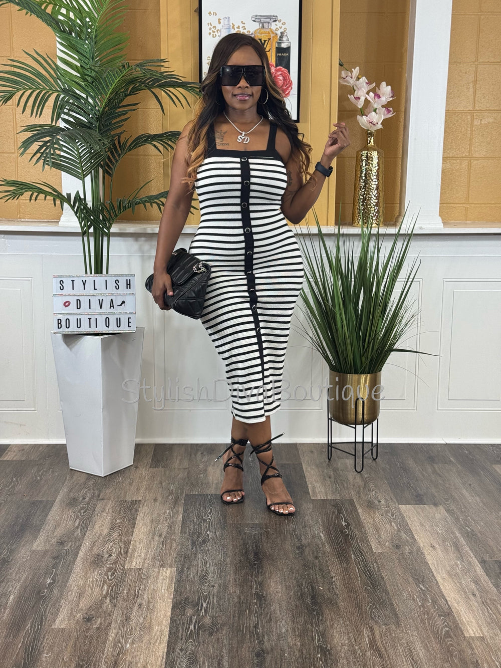 Milan Striped Midi Dress (White/Black) Milan Striped Midi Dress (White/Black)