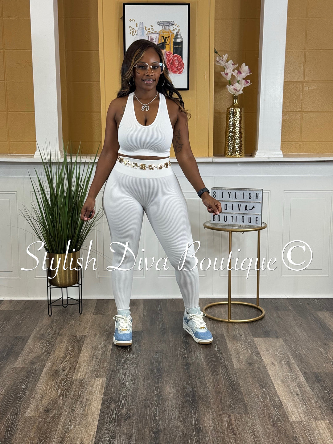 Seamless Ribbed High Waist Leggings (White)