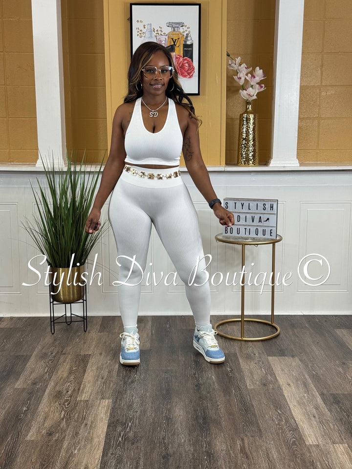 Seamless Ribbed High Waist Leggings (White)