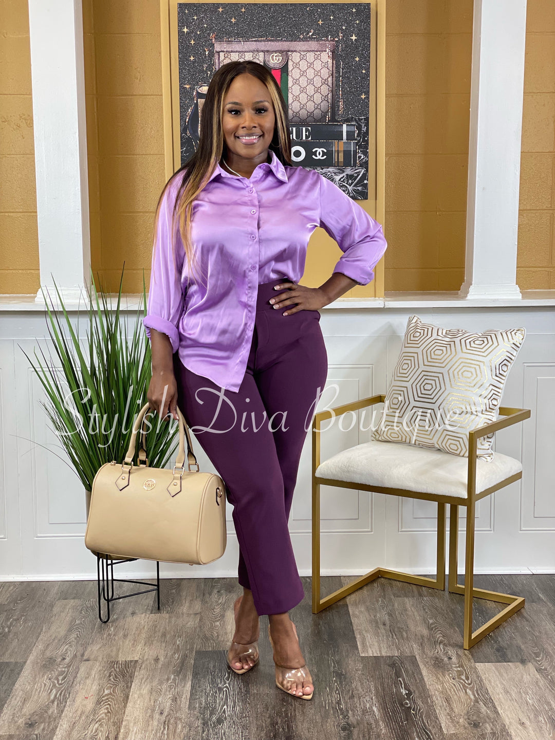Office Chic Satin Charmeuse L/S Top (B Lavender)