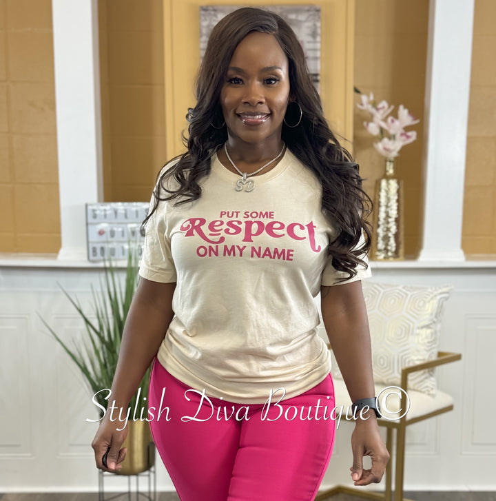 Put Some Respect on My Name T-Shirt (Taupe Shirt/Fuchsia Berry Print)