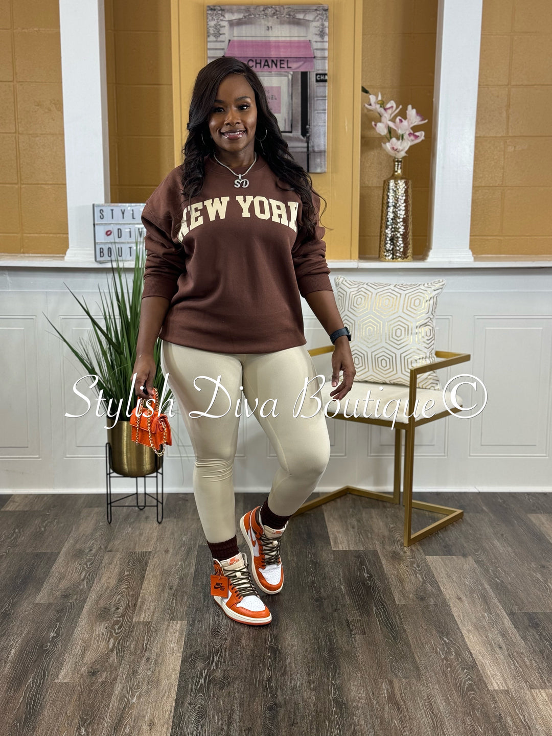 New York Oversized Sweatshirt & Leggings Set (Brown & Cream)