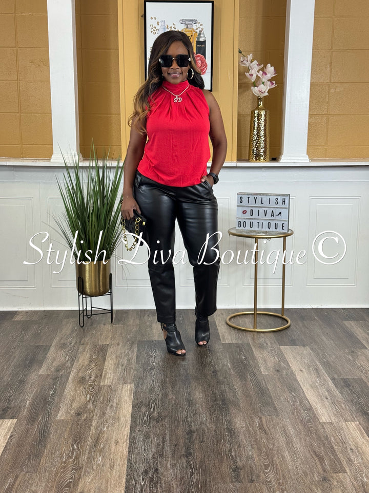 Yasmine Mock Neck Sleeveless Top (Red)
