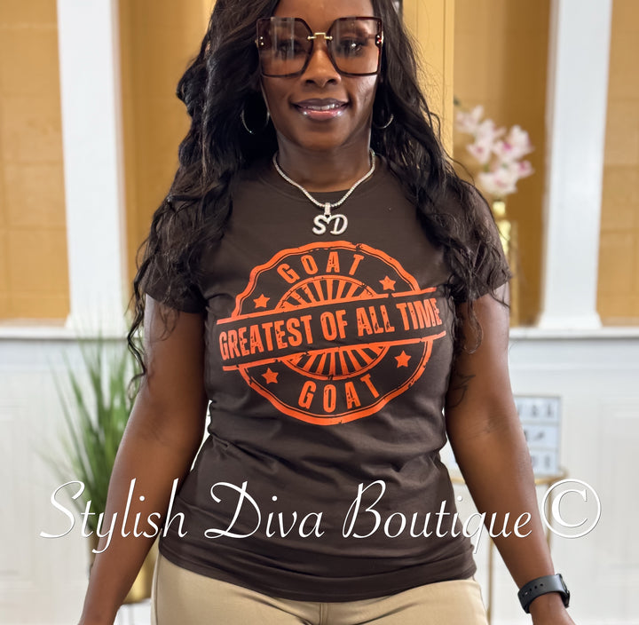 GOAT Stamped (Dark Brown Shirt/Deep Orange Print)