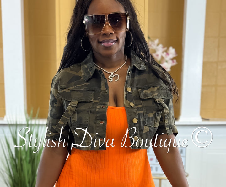 Camo Cropped S/S Denim Jacket up to 3XL