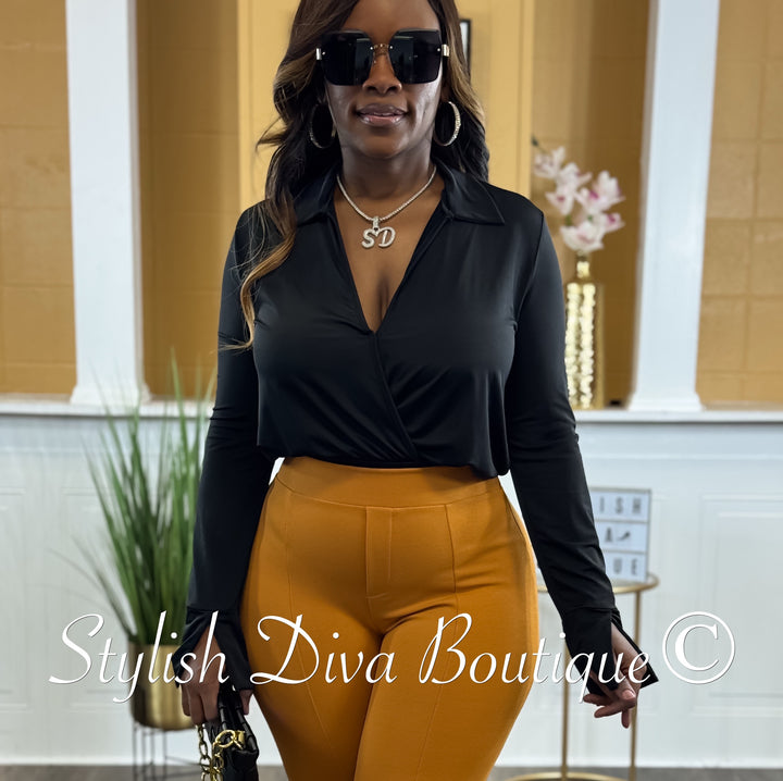 Venezia L/S Collared Bodysuit up to 3XL (Black)