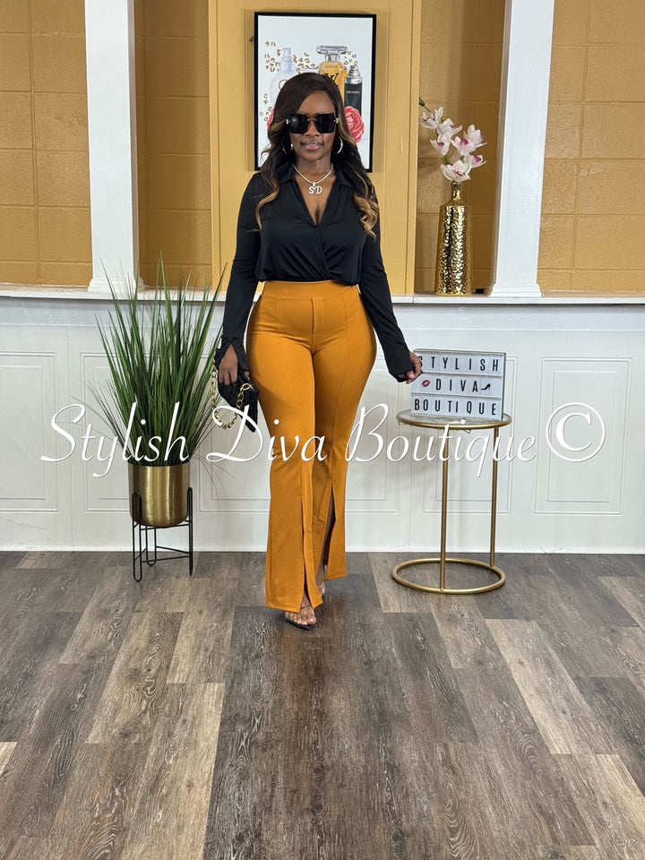 Split Front High Waist Flare Pants (Pumpkin Brown)