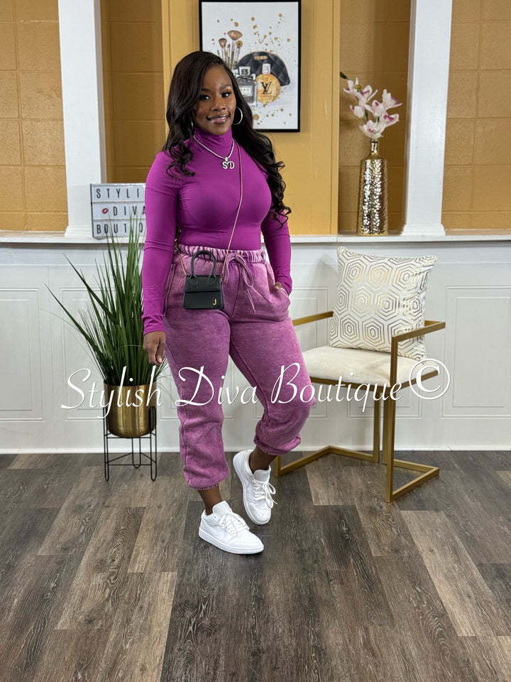 Kerri Acid Wash Mock Neck Jogger Set (Lt Plum)