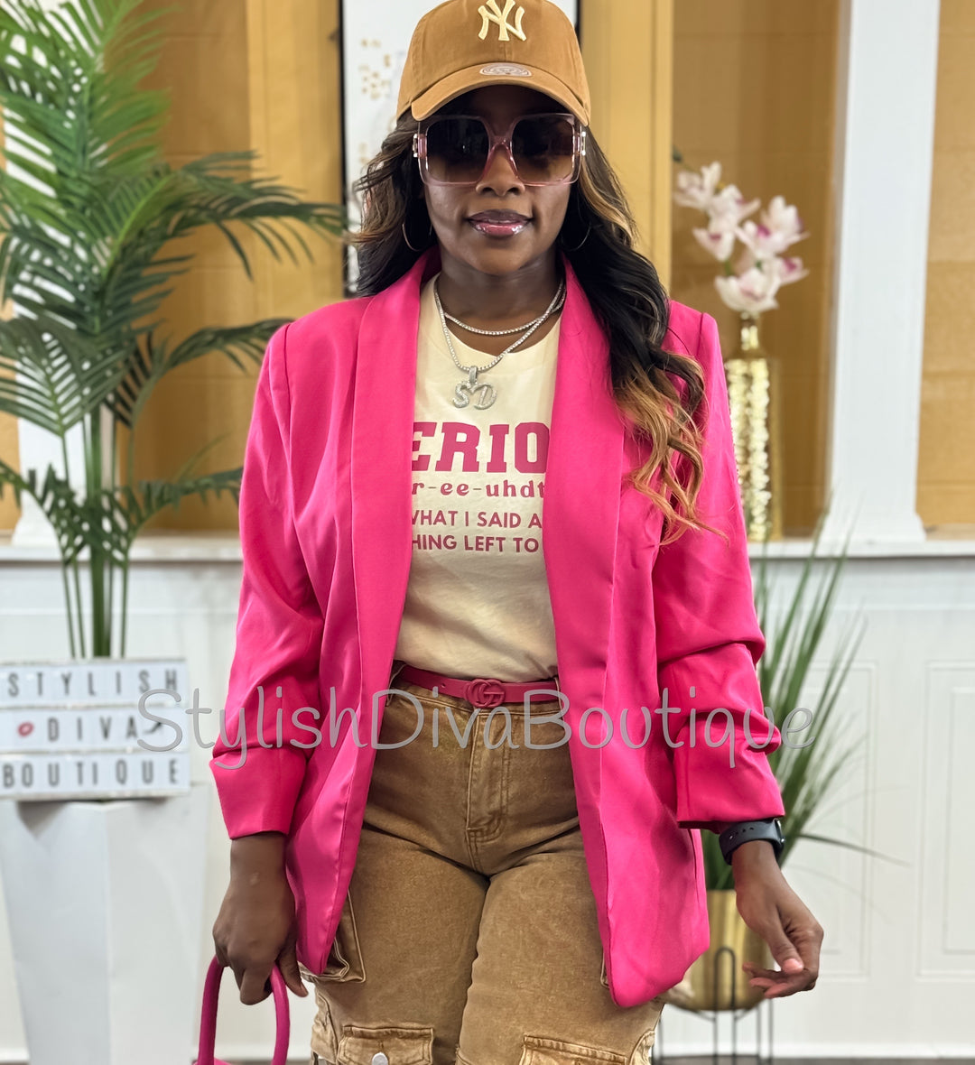 Back In Business Ruched Sleeve Blazer (Hot Pink)