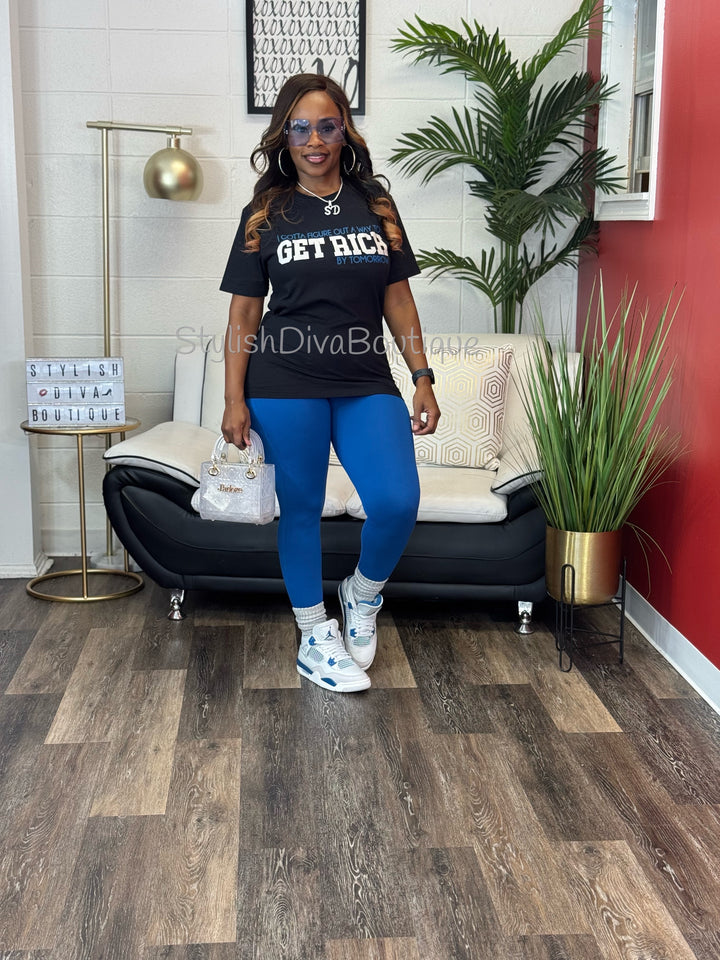 Get Rich Tomorrow Graphic Tee (Black Shirt/Blue & Light Gray Print)