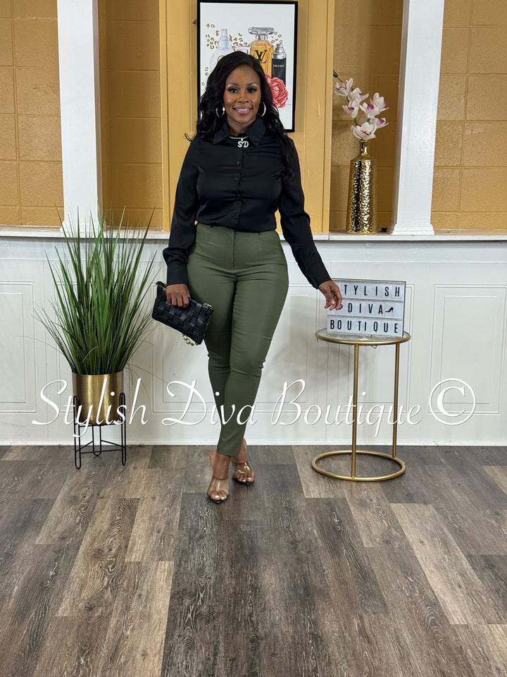 Satin Button Down L/S Bodysuit (Black)