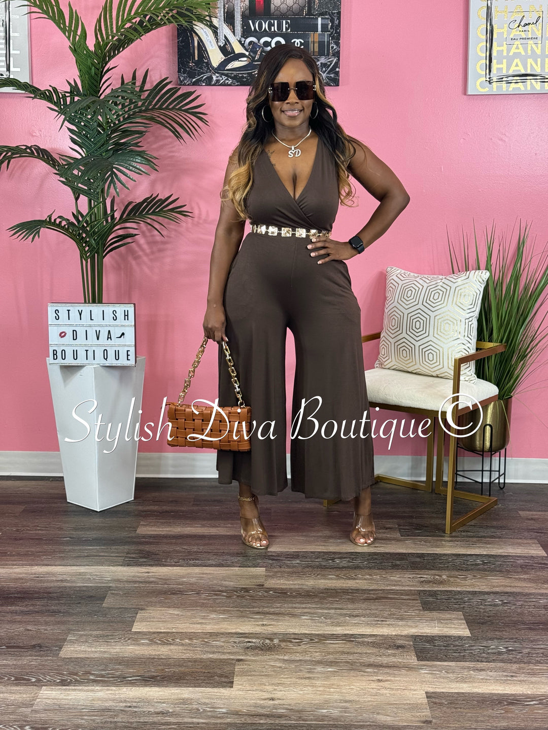 Cyndi Sleeveless Capri Jumpsuit (Brown)