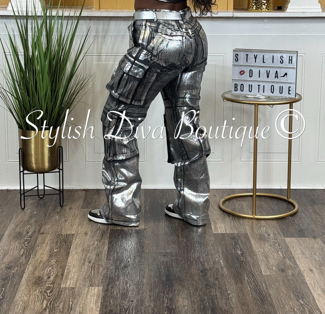 Mecca Metallic Cargo Pants (Black Denim/Silver Foil)