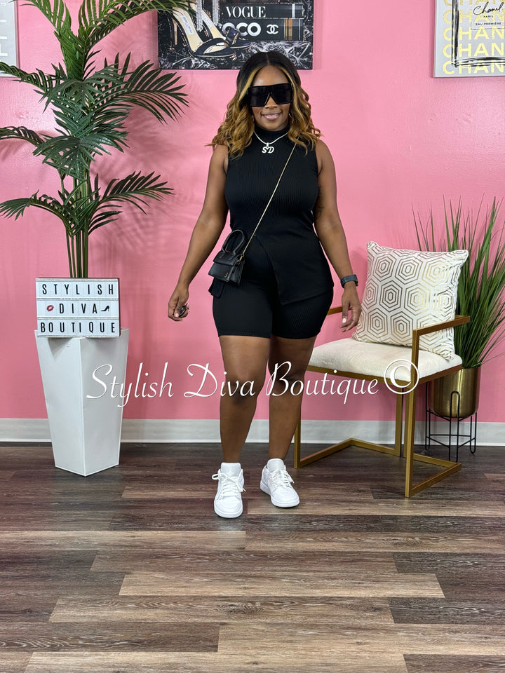 Mila Ribbed Short Set up to 3XL (Black)