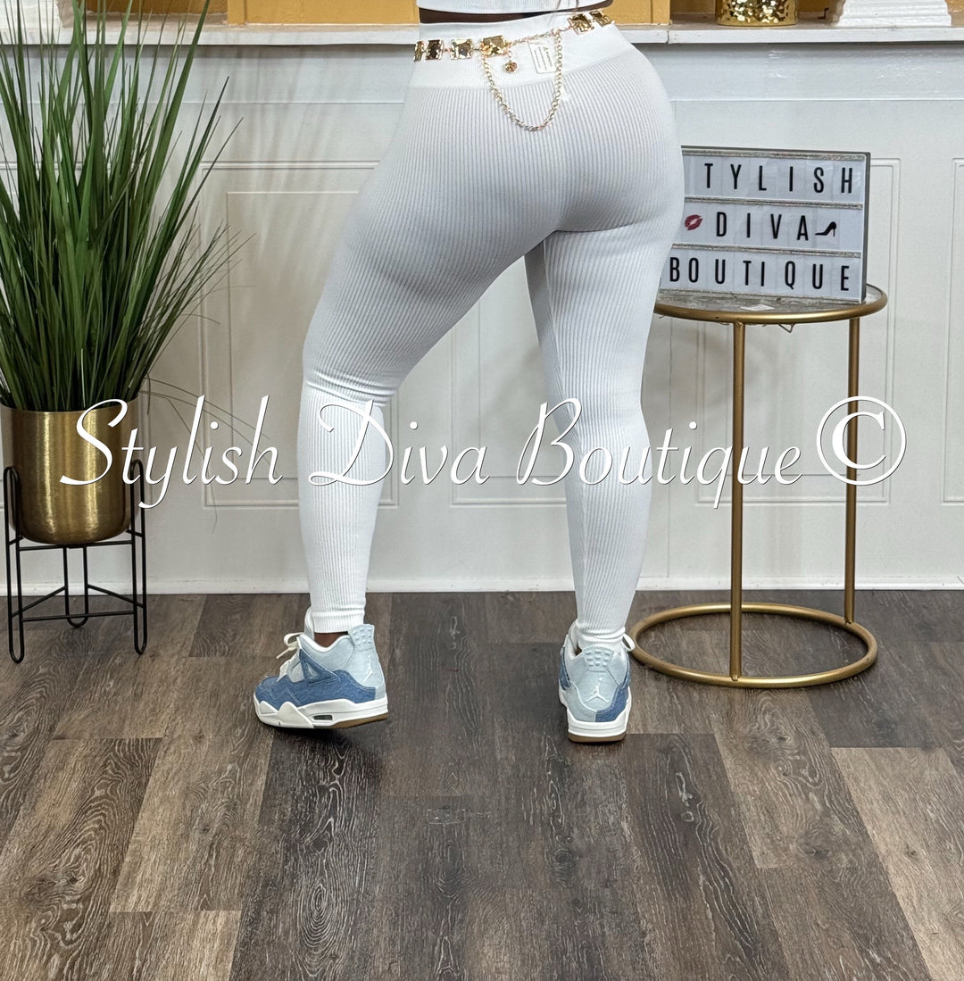 Seamless Ribbed High Waist Leggings (White)