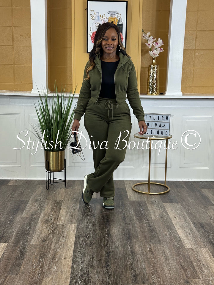 Comfort Mode Zip Hoodie Fleece Set (Army Green)