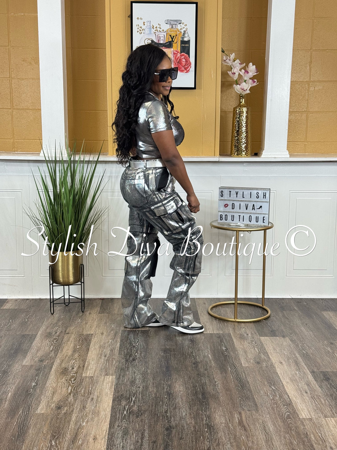 Mecca Metallic Cargo Pants (Black Denim/Silver Foil)