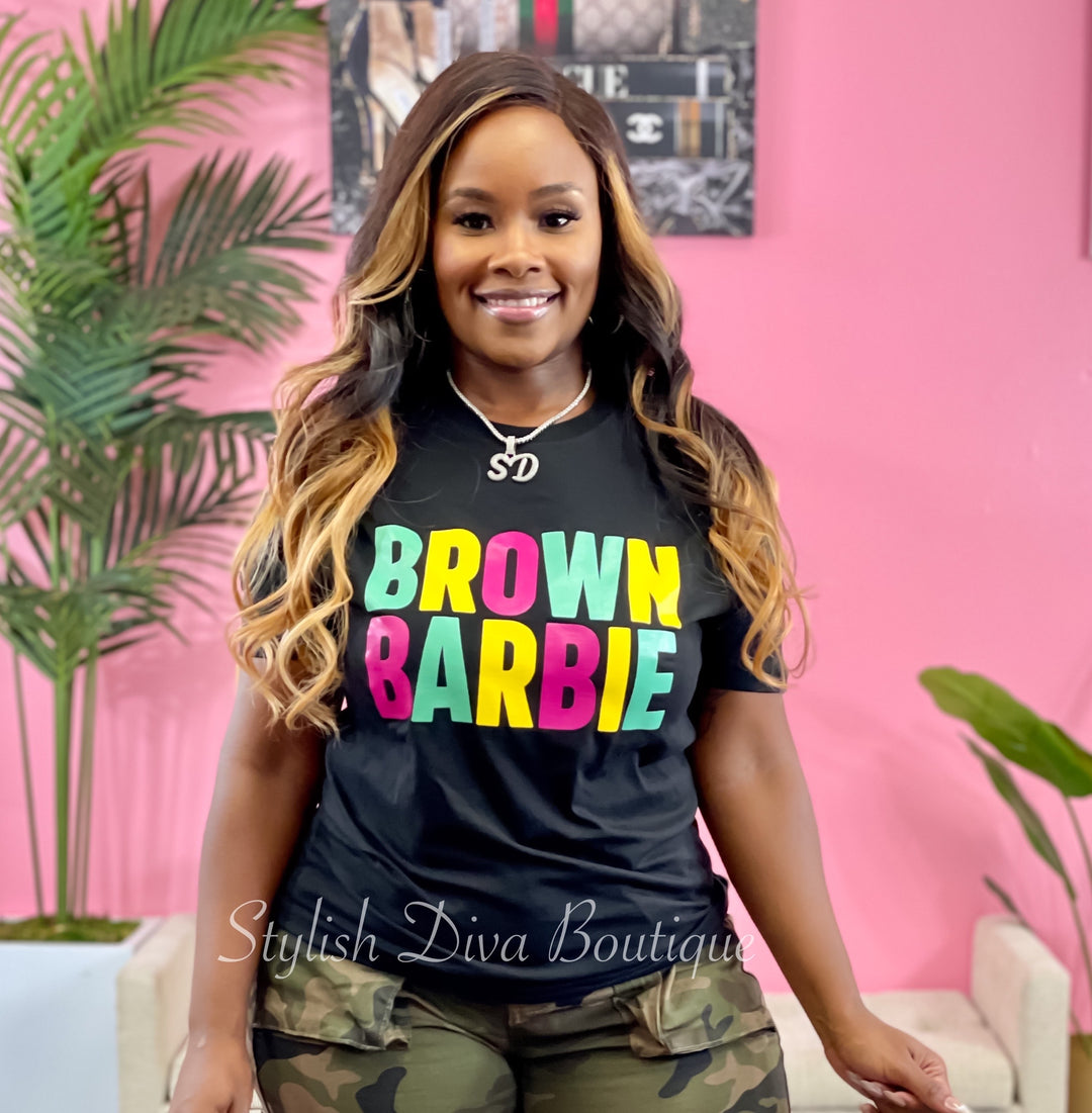 Brown Barbie T-Shirt (Black/Yellow, Green, & Pink Print)