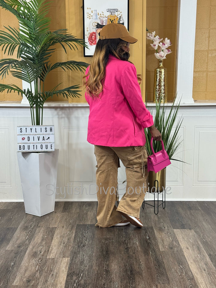 Back In Business Ruched Sleeve Blazer (Hot Pink)