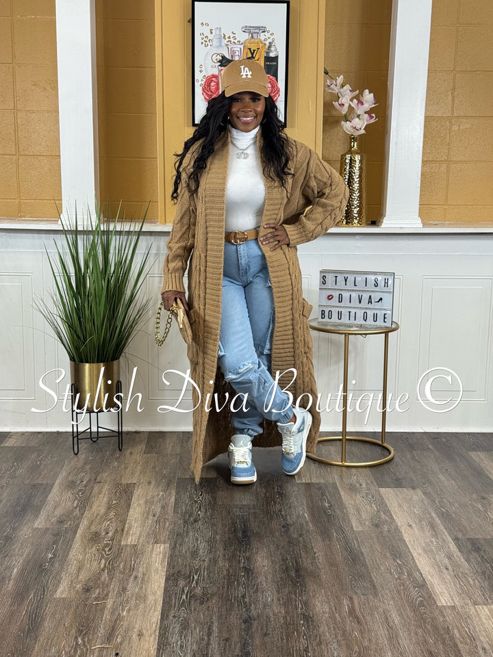 Kamala Long Cable Knit Cardigan (Khaki Brown)