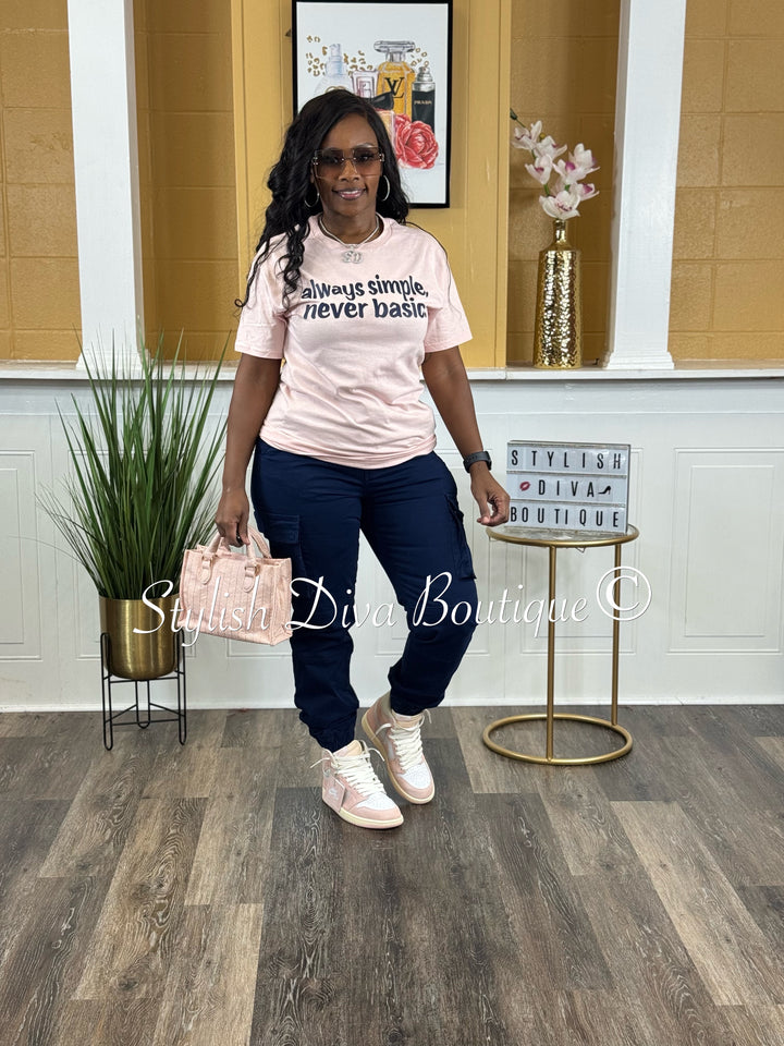 always simple. never basic. T-shirt (Blush Pink Shirt/Dark Navy Print)