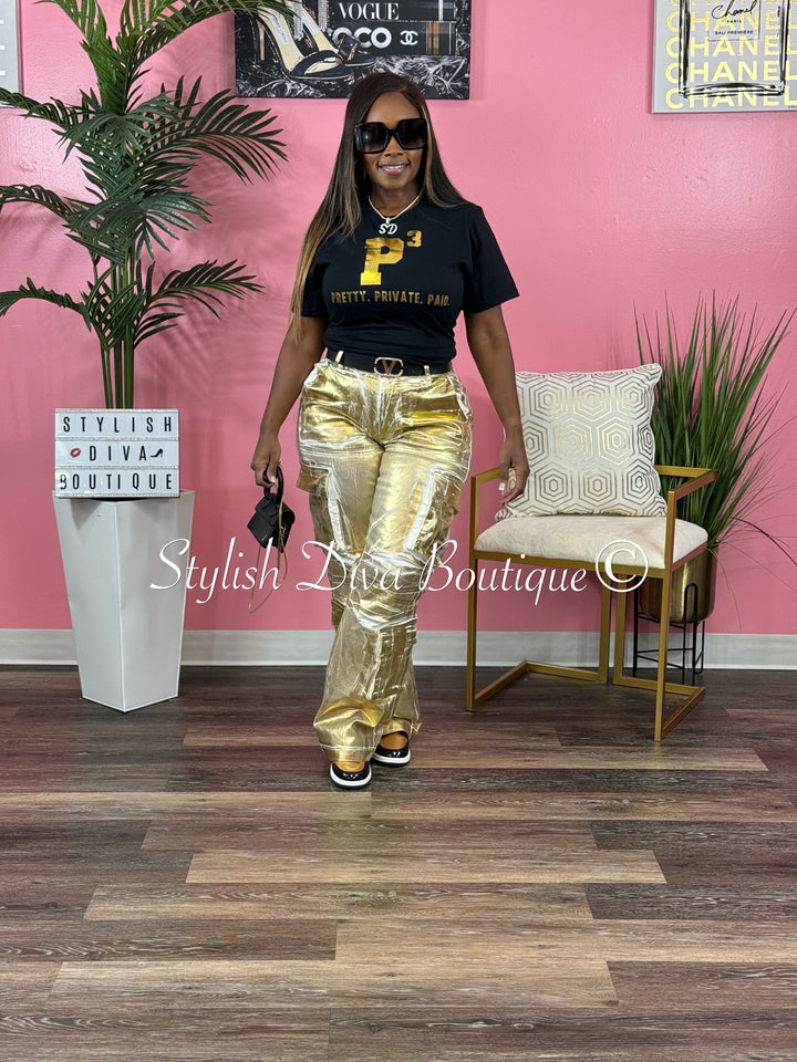 P-3 Pretty. Private. Paid. T-Shirt (Black/Gold Foil Print)