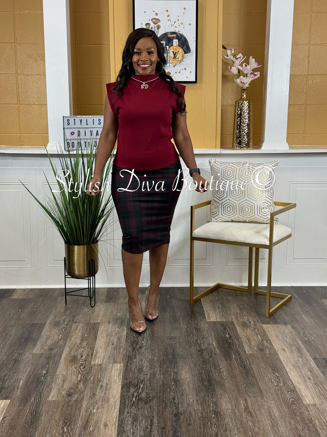 Business Meeting Skirt ONLY up to 3XL (Burgundy Plaid)