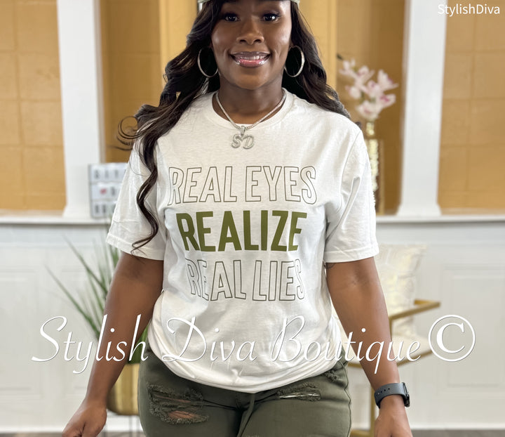 Real Eyes Realize Real Lies T-Shirt (White Shirt/Olive Print)