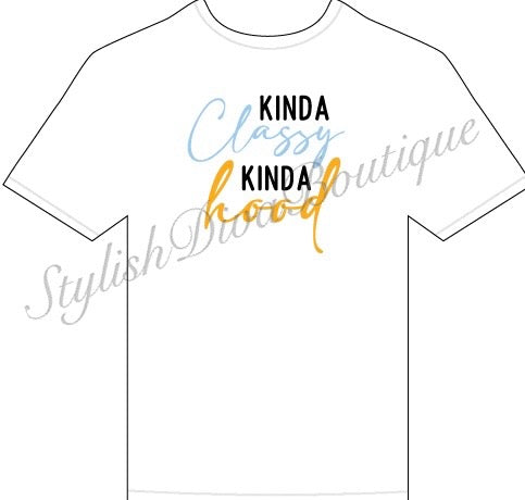 Kinda Classy Kinda Hood T-Shirt (White/Black, Blue, & Yellow Print)