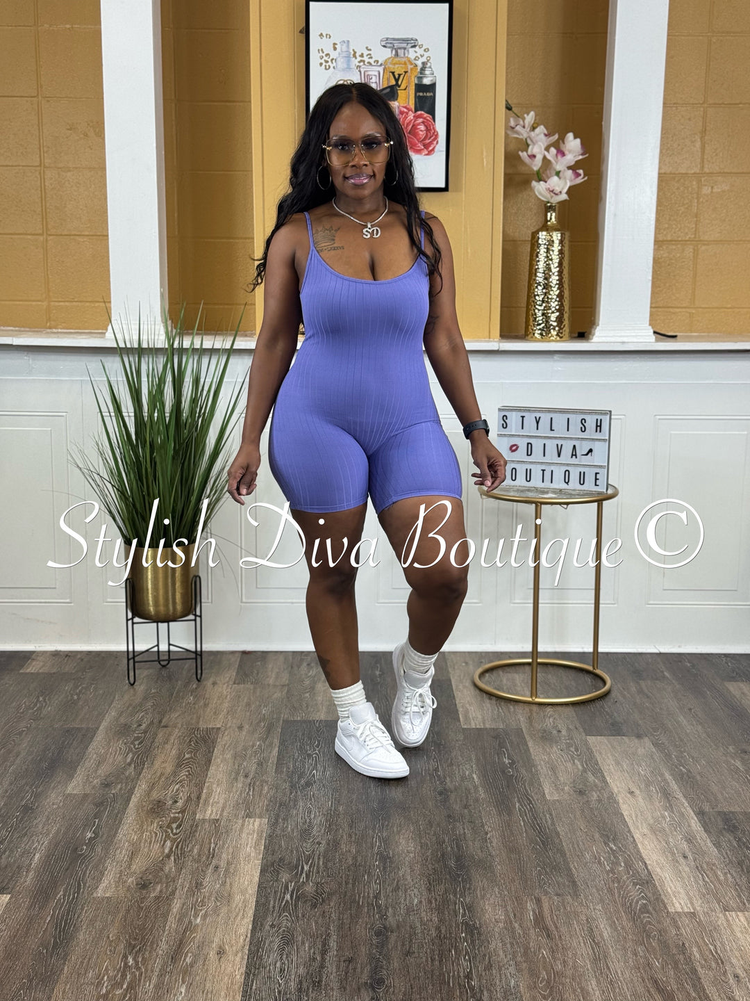 Ayla Sleeveless Ribbed Romper (Sky Lavender)
