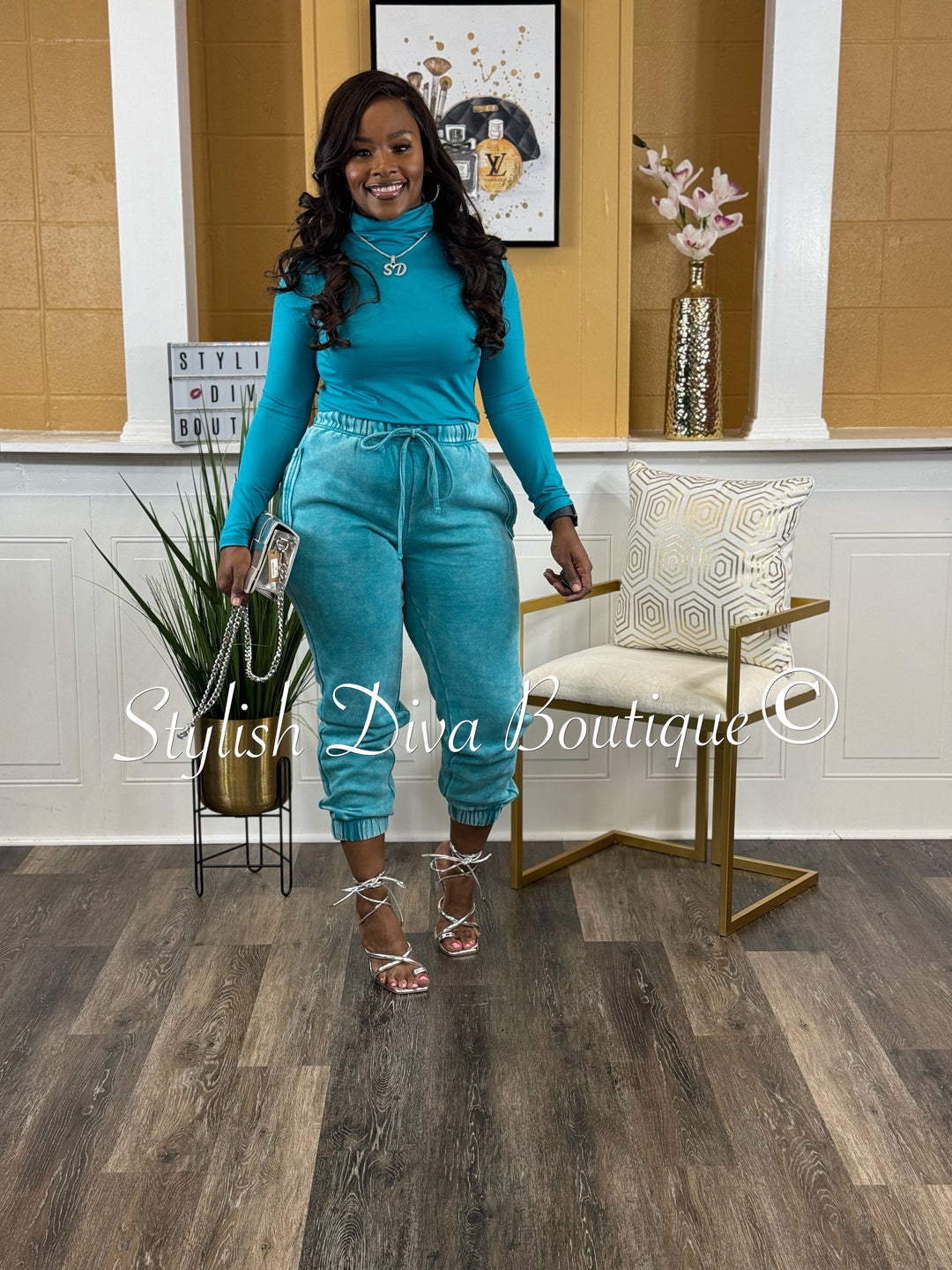 Kerri Acid Wash Mock Neck Jogger Set (Lt Teal)