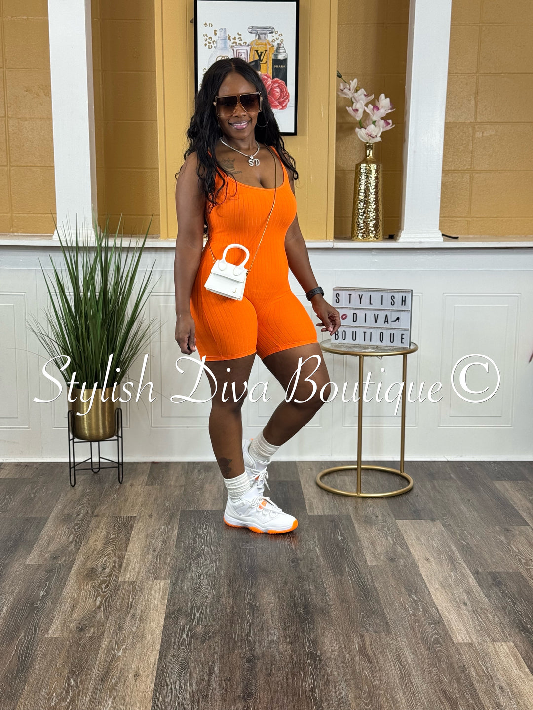 Ayla Sleeveless Ribbed Romper (Orange)