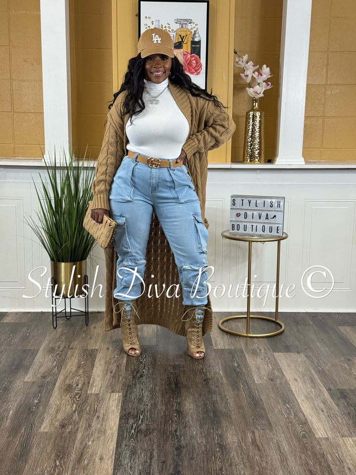 Kamala Long Cable Knit Cardigan (Khaki Brown)